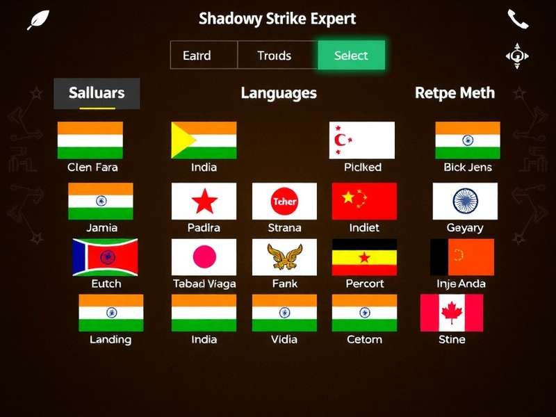 Shadowy Strike Expert language selection screen showing various Indian languages with regional flags